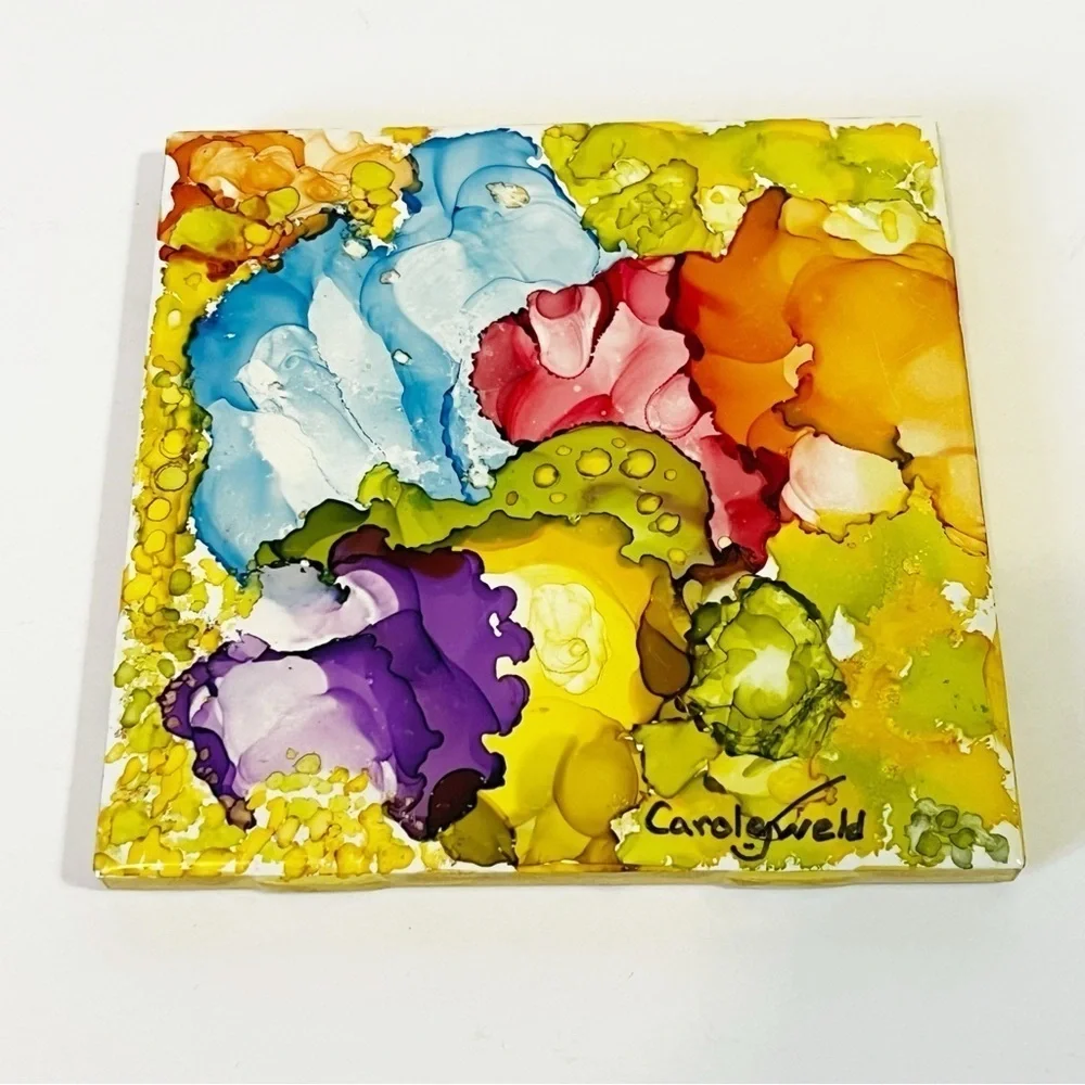 Handmade Alcohol Ink Art Ceramic Tile Coaster Floral Abstract Decor 